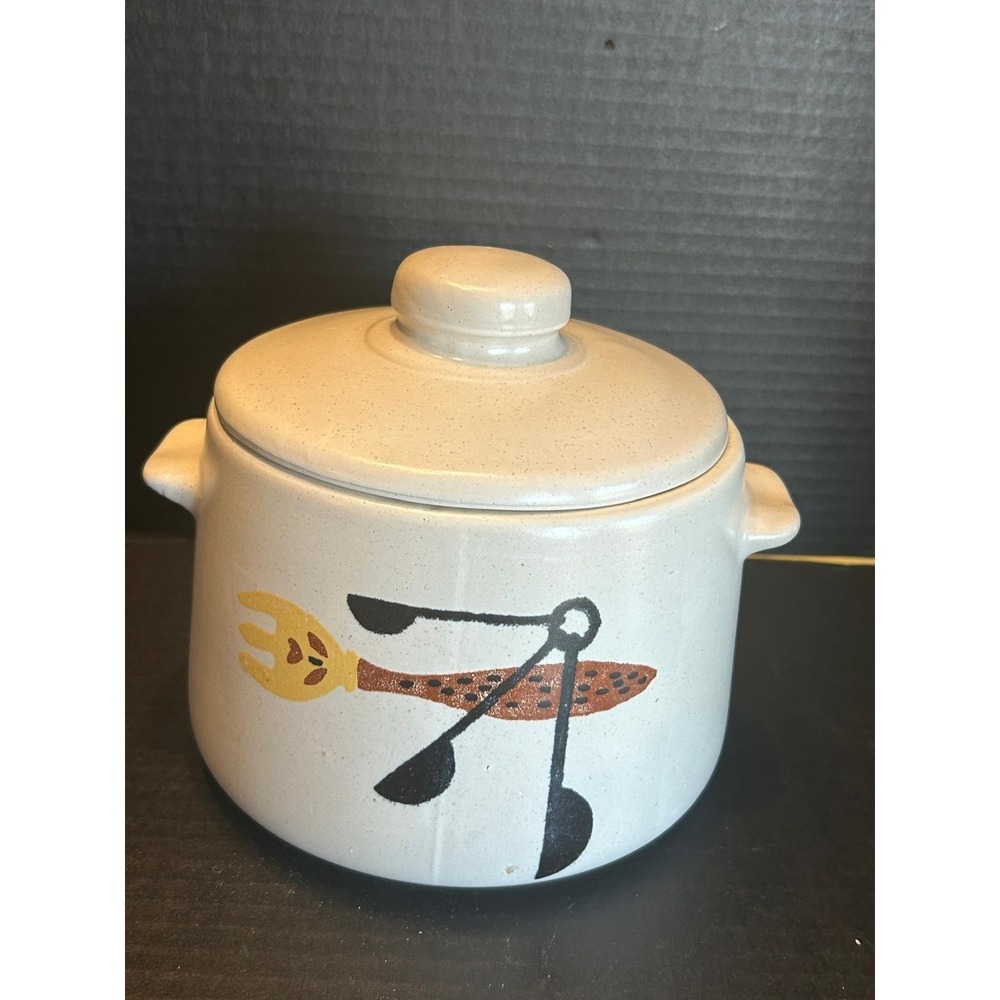VINTAGE 'WEST BEND' 1960's CERAMIC STONEWARE GLAZED BEAN POT- FORK & SPOON MOTIF